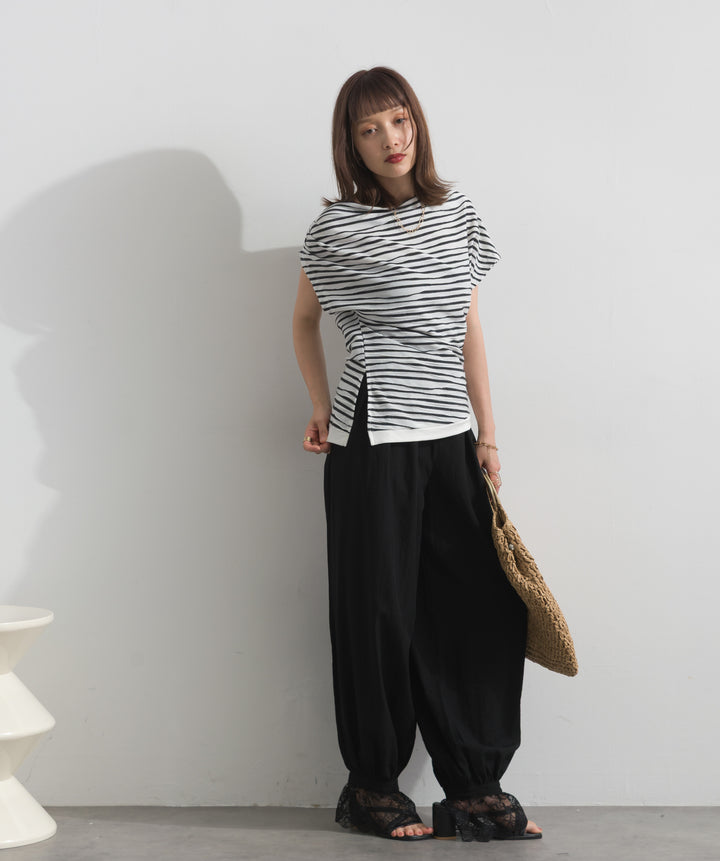 【SET】アシンメトリードレープボーダートップス+レースヘムバルーンパンツ(2set)