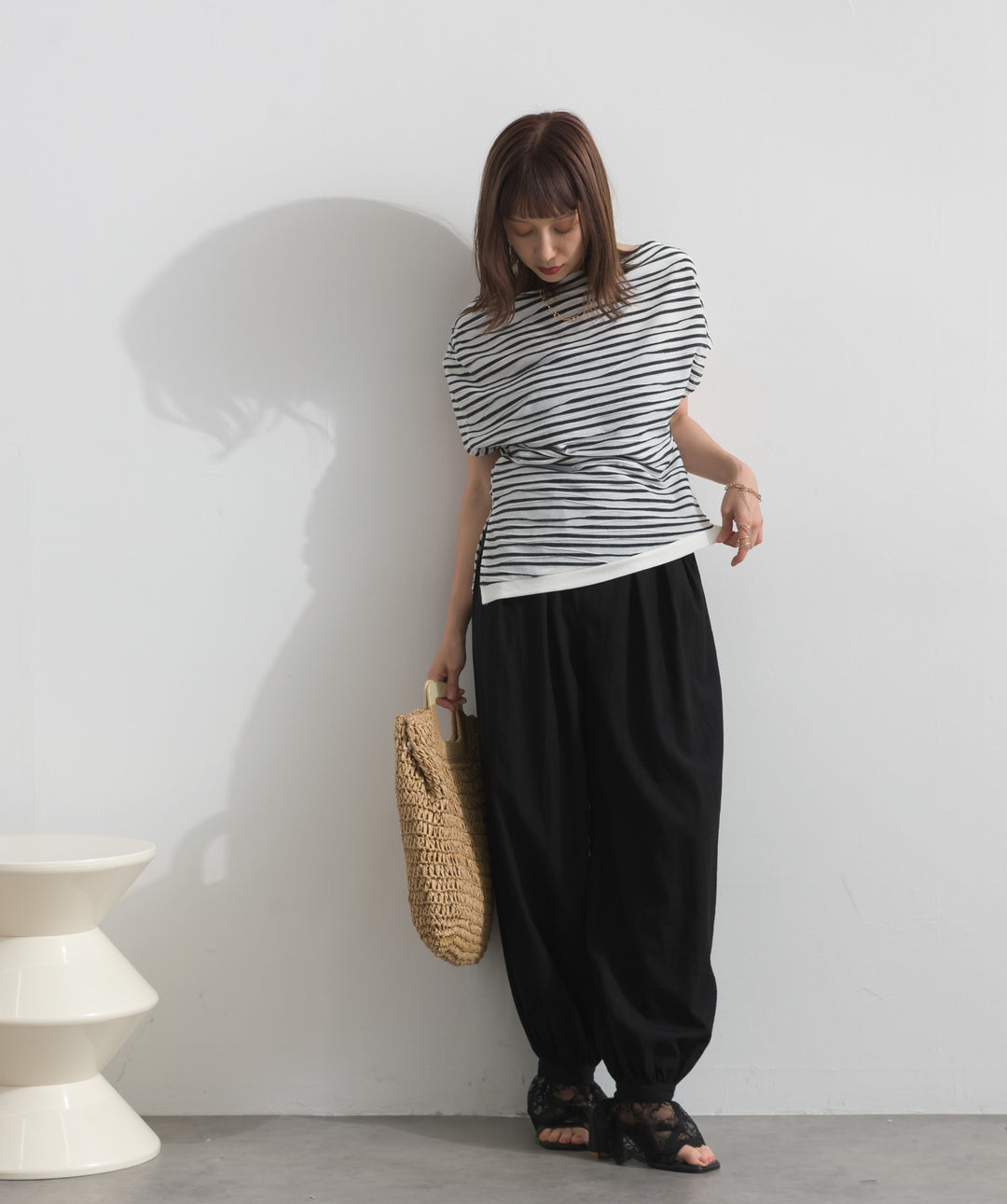 【SET】アシンメトリードレープボーダートップス+レースヘムバルーンパンツ(2set)