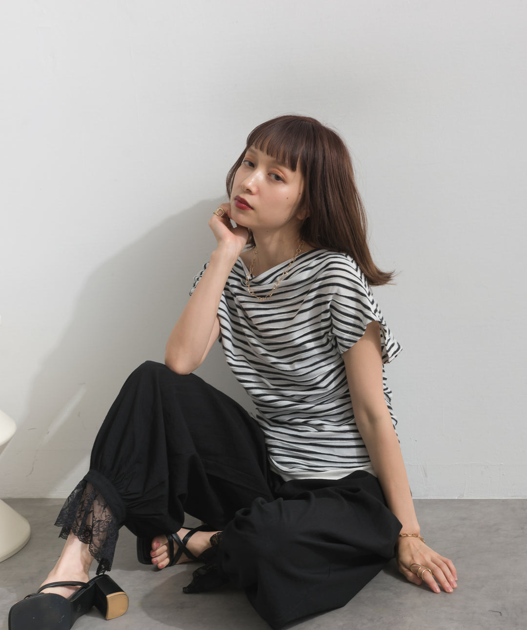 【SET】アシンメトリードレープボーダートップス+レースヘムバルーンパンツ(2set)