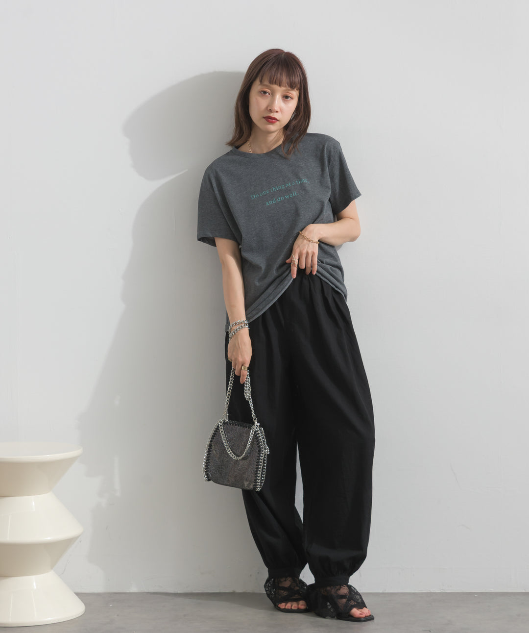 【SET】ロゴクルーネックTシャツ+レースヘムバルーンパンツ(2set)