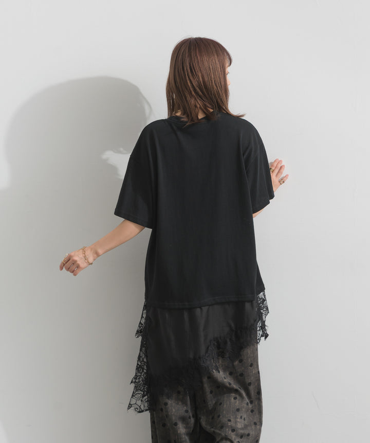 【SET】レースヘムレイヤードカットソー+ニュアンスアートワイドパンツ(2set)