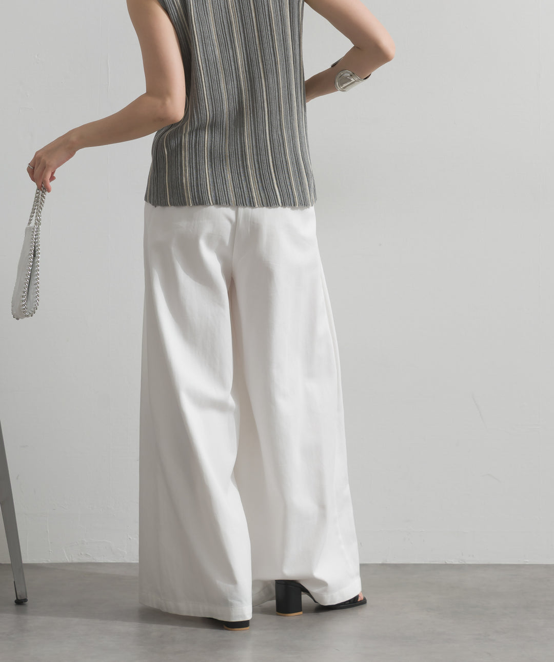 【SET】ストライプ襟付きニットベスト+タックワイドパンツ(2set)