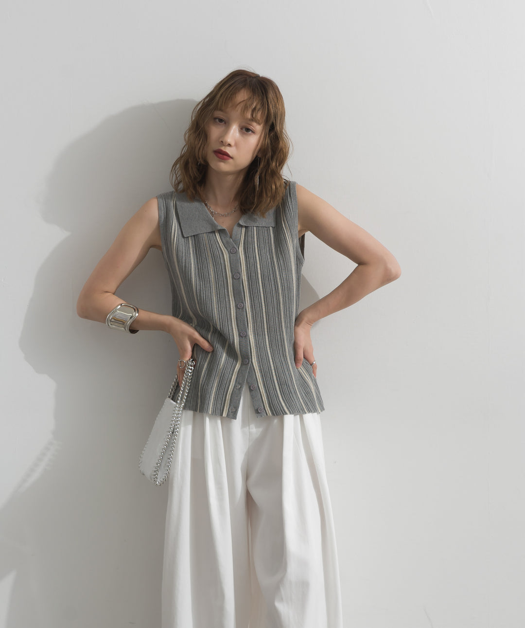 【SET】ストライプ襟付きニットベスト+タックワイドパンツ(2set)
