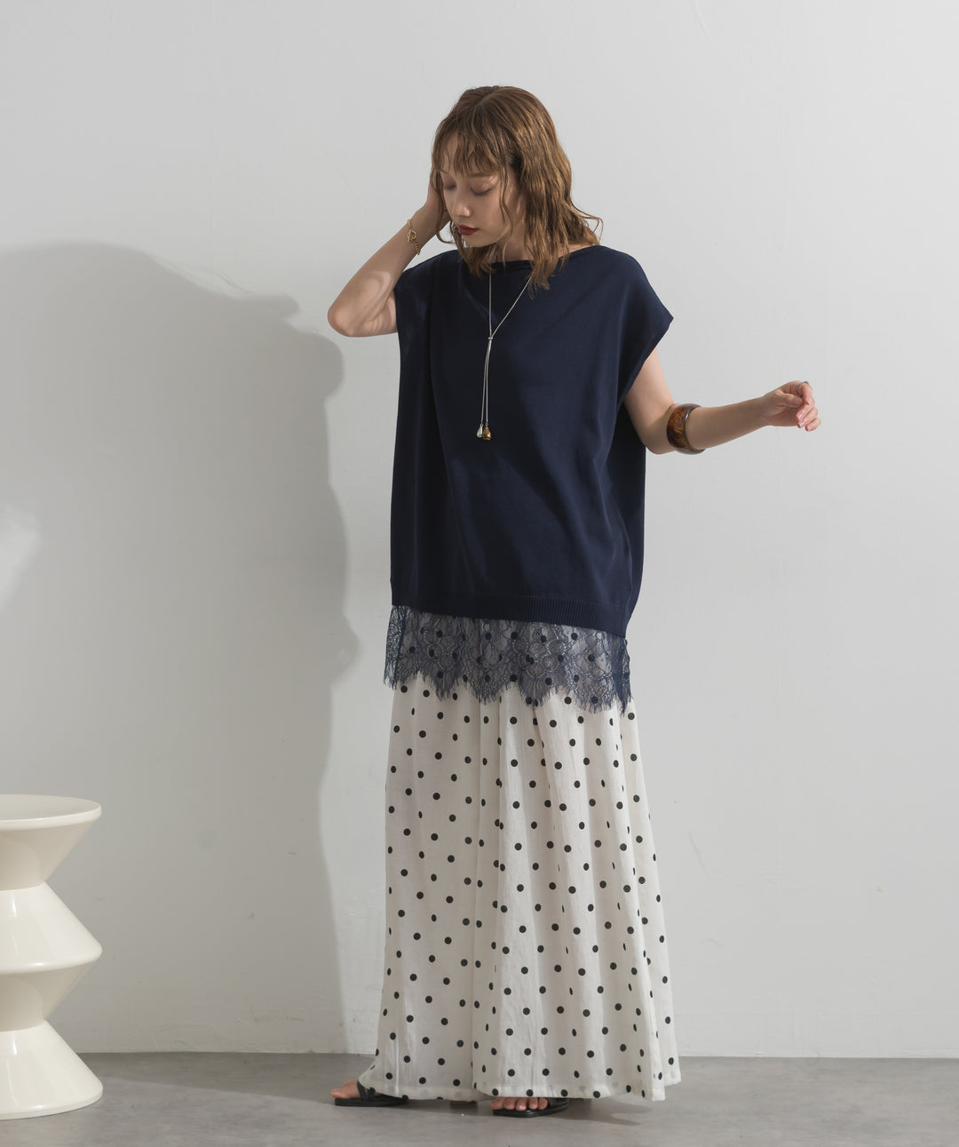 【SET】]レースアクセントノースリーブトップス+グラフィックプリントワイドパンツ(2set)