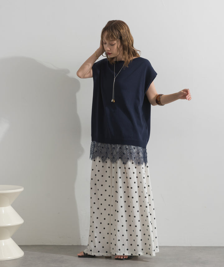 【SET】]レースアクセントノースリーブトップス+グラフィックプリントワイドパンツ(2set)