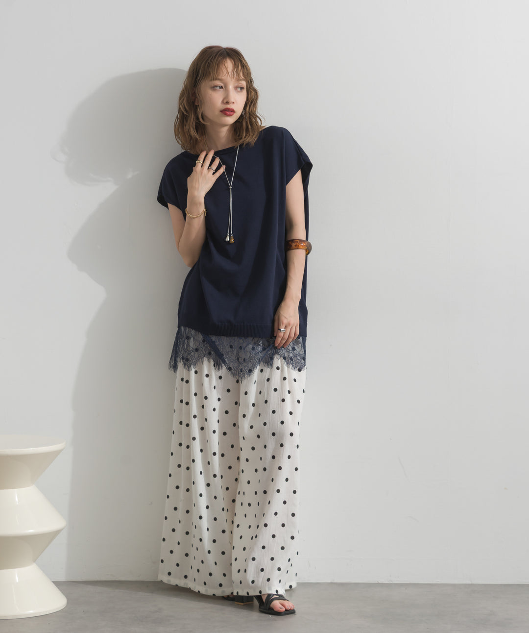 【SET】]レースアクセントノースリーブトップス+グラフィックプリントワイドパンツ(2set)