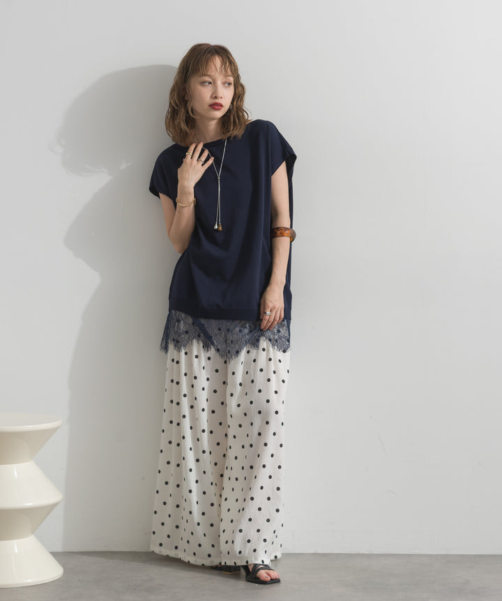 【SET】]レースアクセントノースリーブトップス+グラフィックプリントワイドパンツ(2set)