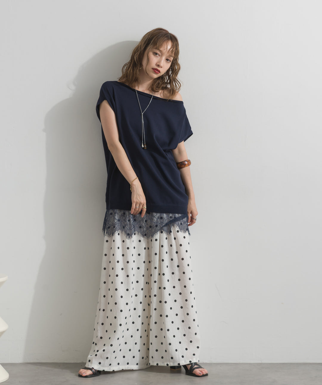 【SET】]レースアクセントノースリーブトップス+グラフィックプリントワイドパンツ(2set)