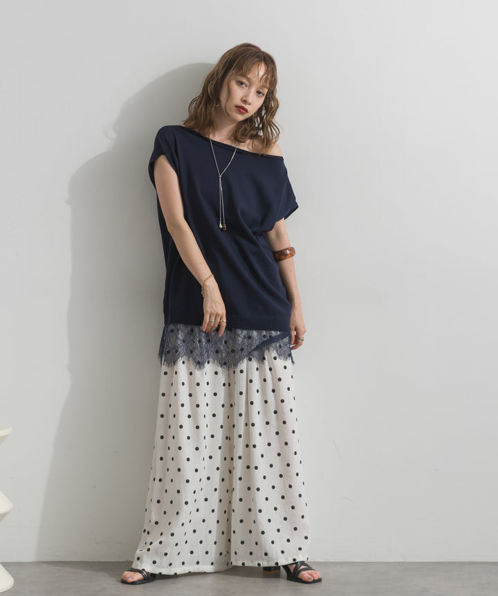 【SET】]レースアクセントノースリーブトップス+グラフィックプリントワイドパンツ(2set)
