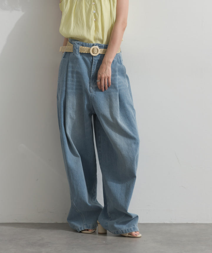 ハイウエストベルトループデザインデニムパンツ