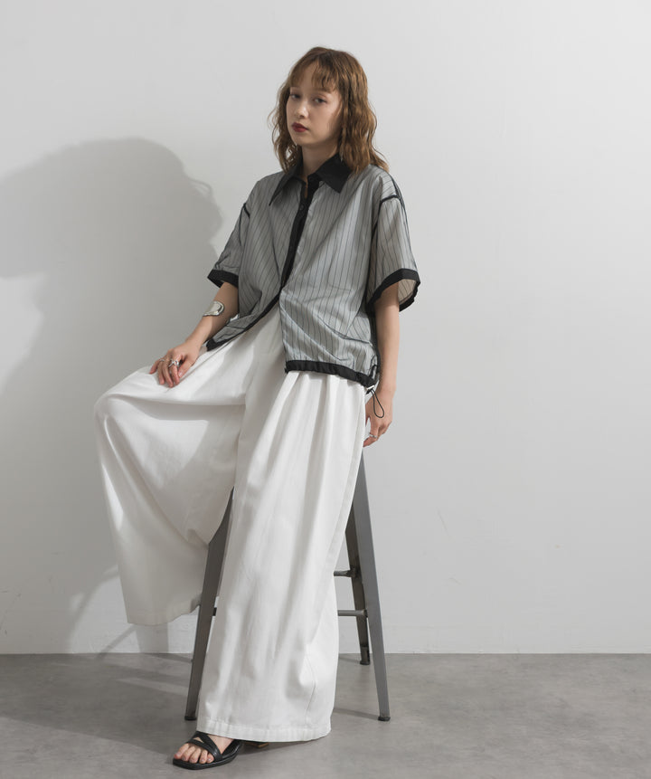 【SET】チュールストライプショートシャツ+タックワイドパンツ(2set)