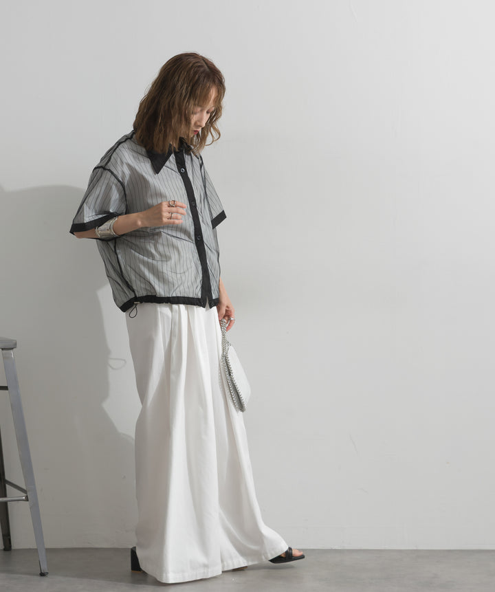 【SET】チュールストライプショートシャツ+タックワイドパンツ(2set)
