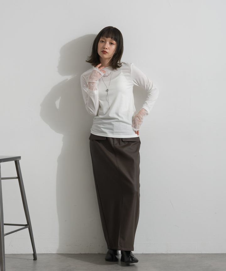 【SET】レーススリーブギャザーカットソー+フェイクレザーフロントスリットスカート(2set)