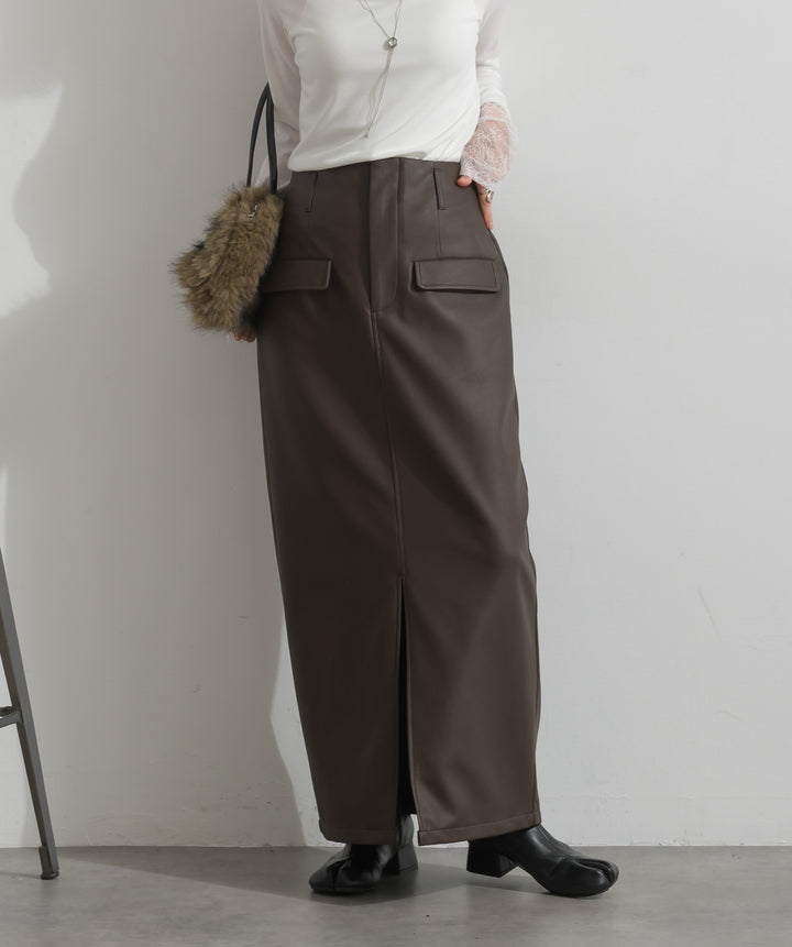 【SET】ニットフードベスト+フェイクレザーフロントスリットスカート(2set)