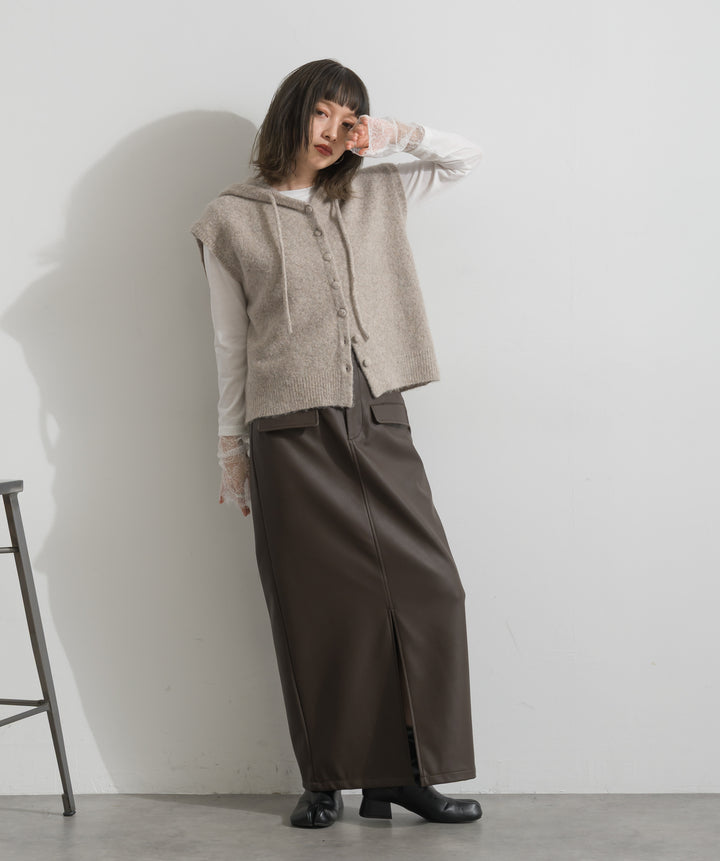 【SET】ニットフードベスト+フェイクレザーフロントスリットスカート(2set)
