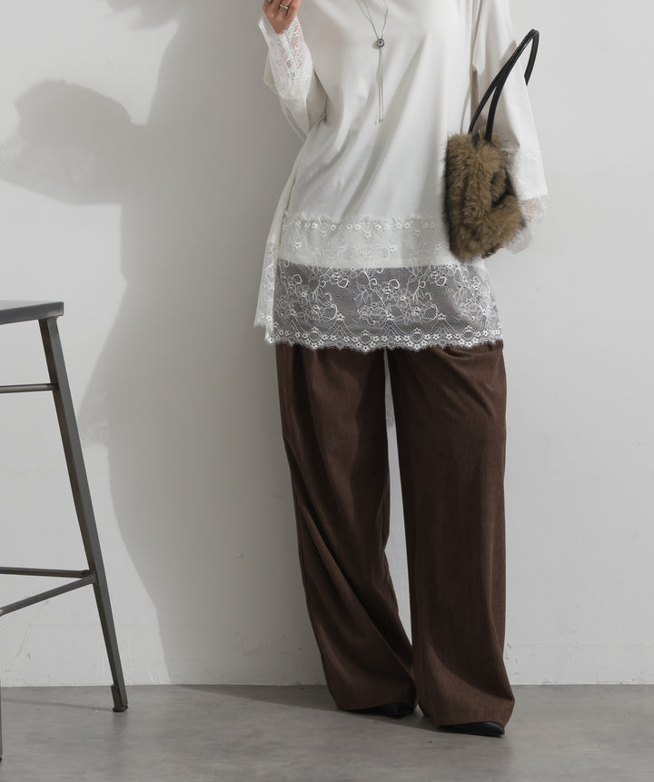 【SET】レースドッキングロングスリーブトップス+コーデュロイタックトラウザーズパンツ(2set)