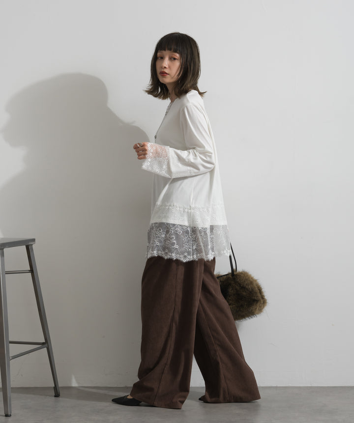 【SET】レースドッキングロングスリーブトップス+コーデュロイタックトラウザーズパンツ(2set)