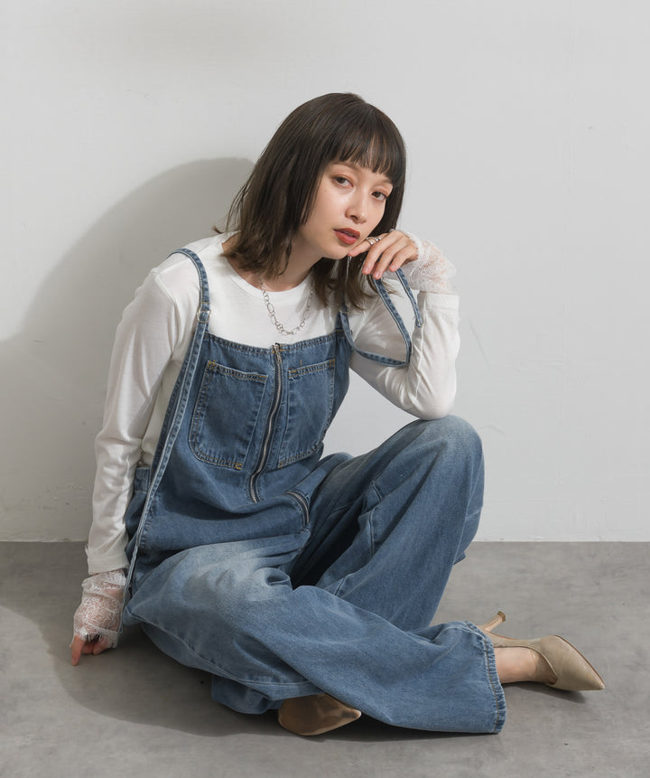 【SET】レーススリーブギャザーカットソー+フロントジップデザインデニムサロペット(2set)