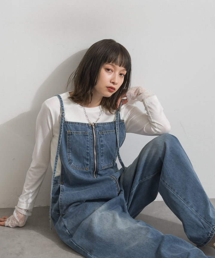 【SET】レーススリーブギャザーカットソー+フロントジップデザインデニムサロペット(2set)