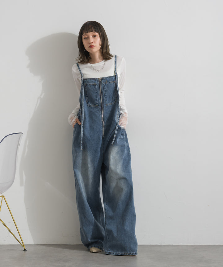 フロントジップデザインデニムサロペット