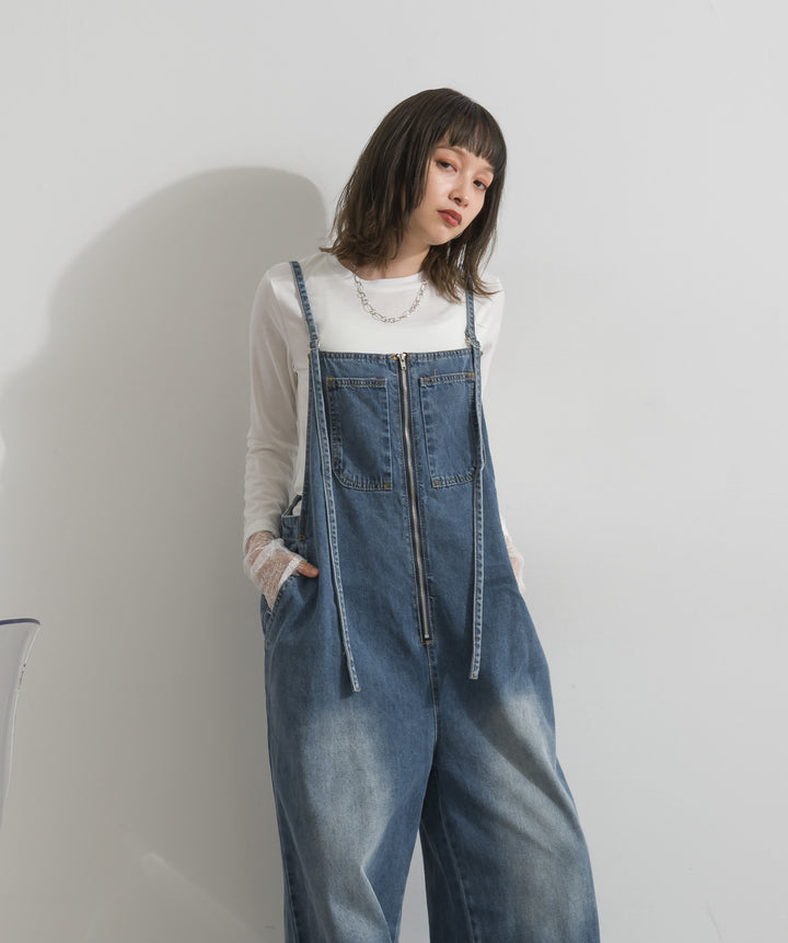 【SET】レーススリーブギャザーカットソー+フロントジップデザインデニムサロペット(2set)