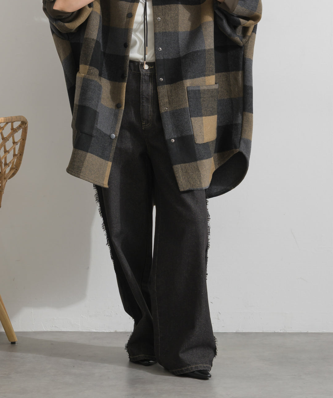 【SET】マルチチェックミドルコート+サイドレースデニムパンツ(2set)