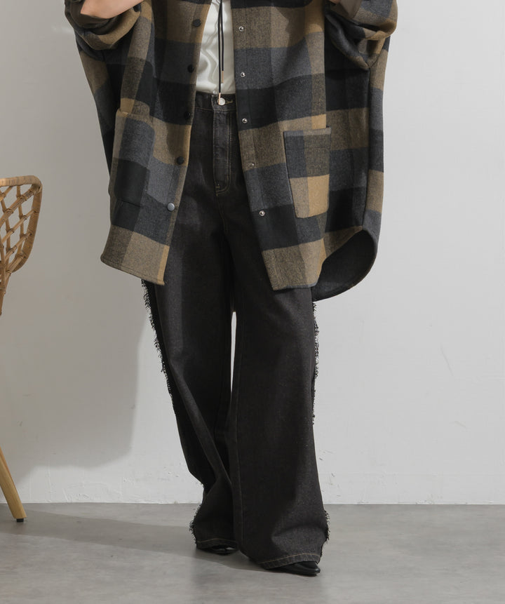 【SET】マルチチェックミドルコート+サイドレースデニムパンツ(2set)