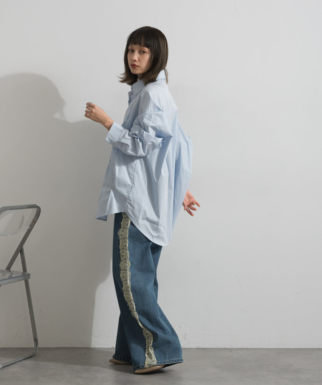 【SET】スタッズタックオーバーシャツ+サイドレースデニムパンツ(2set)