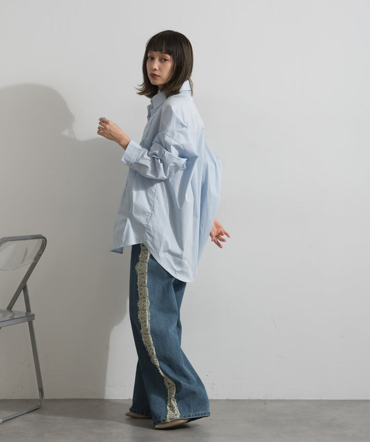 【SET】スタッズタックオーバーシャツ+サイドレースデニムパンツ(2set)