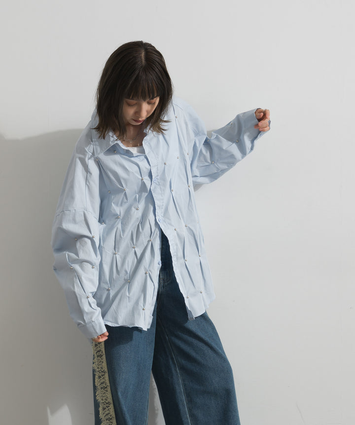 【SET】スタッズタックオーバーシャツ+サイドレースデニムパンツ(2set)