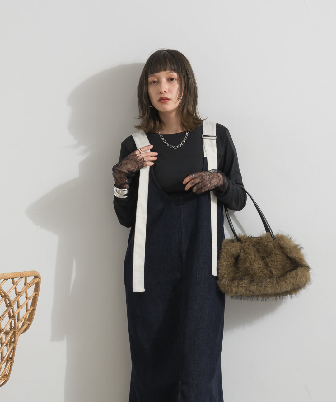ベロアデニム配色ベルトワンピース