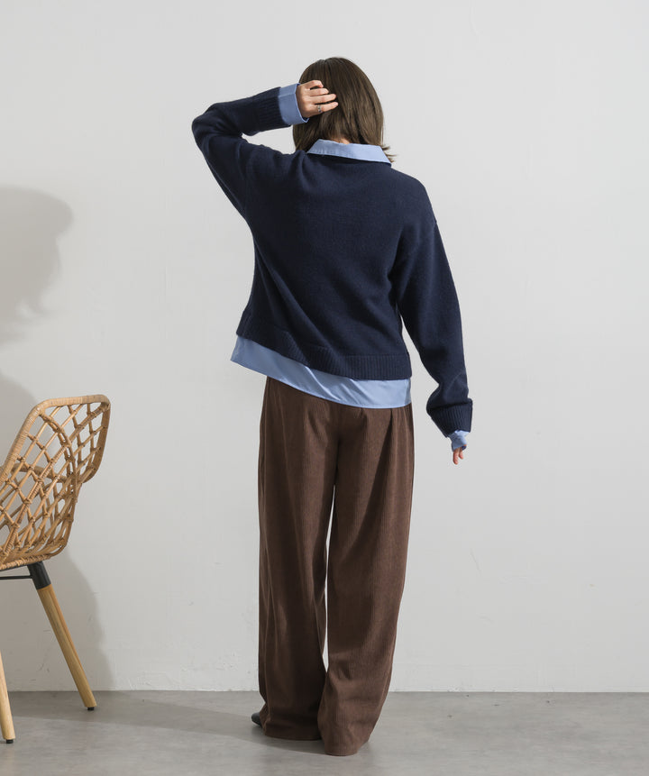 【SET】アルパカタッチシャツドッキングカーディガン+コーデュロイタックトラウザーズパンツ(2set)