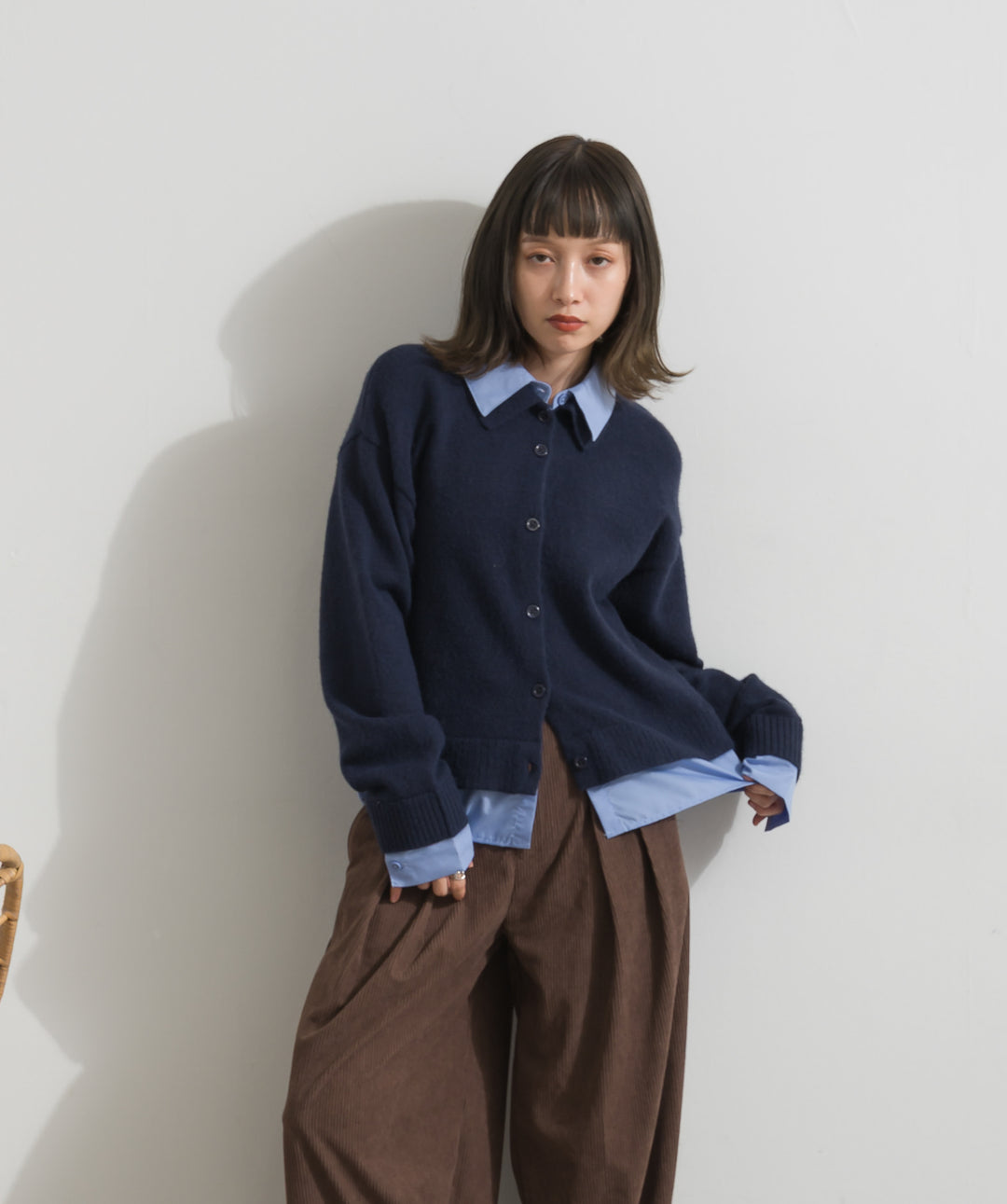 【SET】アルパカタッチシャツドッキングカーディガン+コーデュロイタックトラウザーズパンツ(2set)