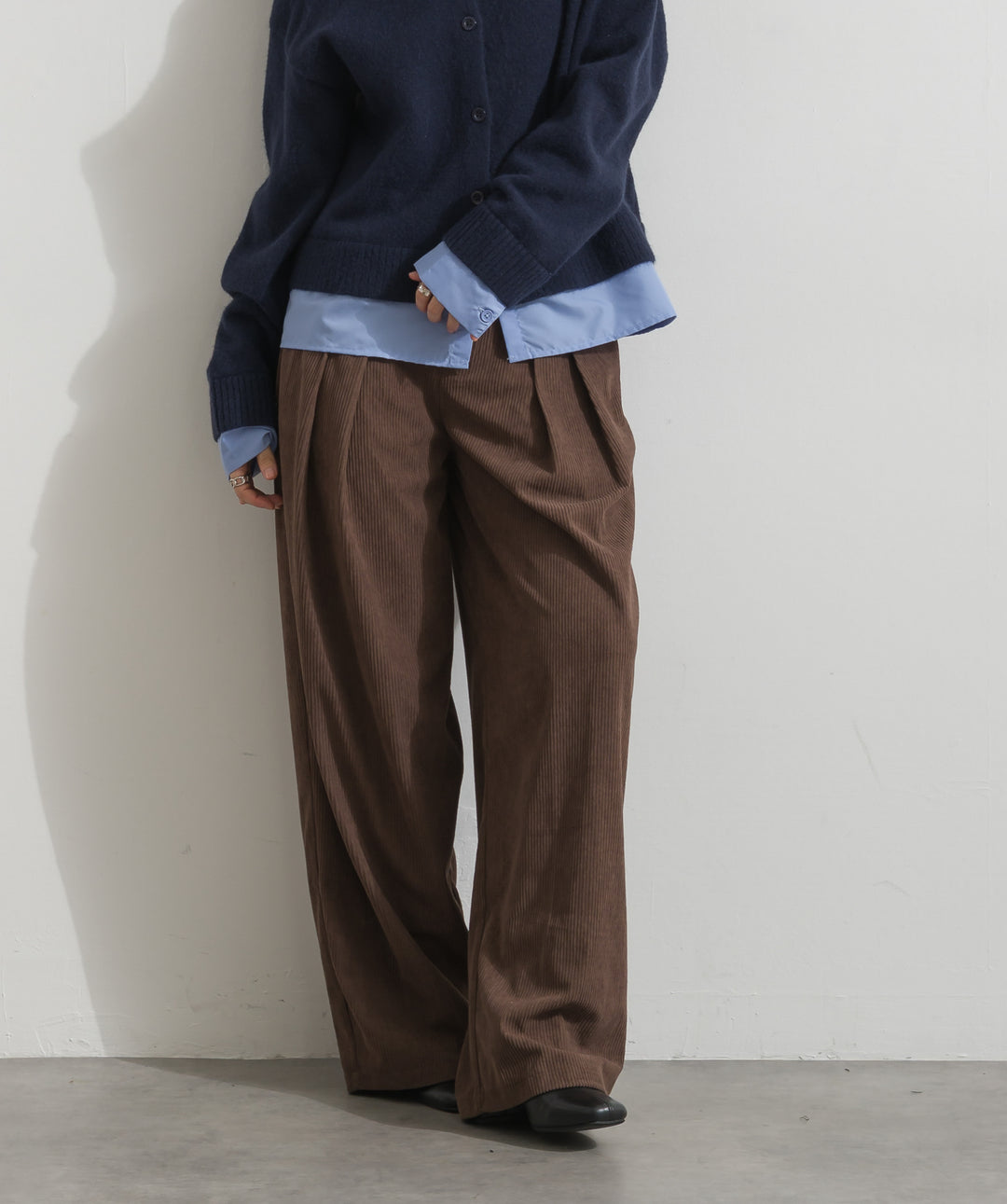 【SET】アルパカタッチシャツドッキングカーディガン+コーデュロイタックトラウザーズパンツ(2set)