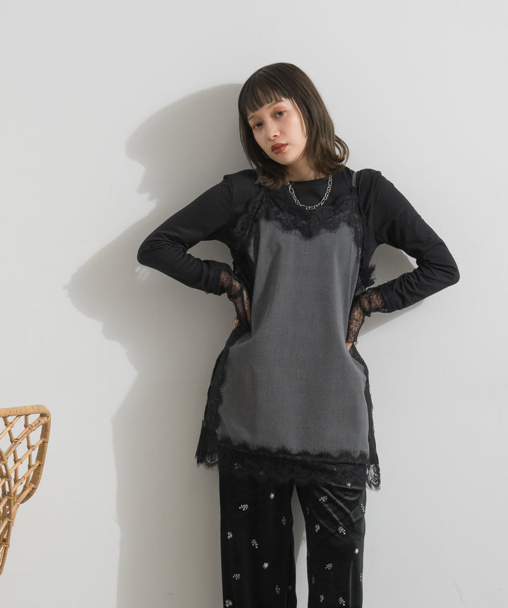 【SET】レースラインチェックキャミソール+ベロア刺繍リラックスパンツ(2set)