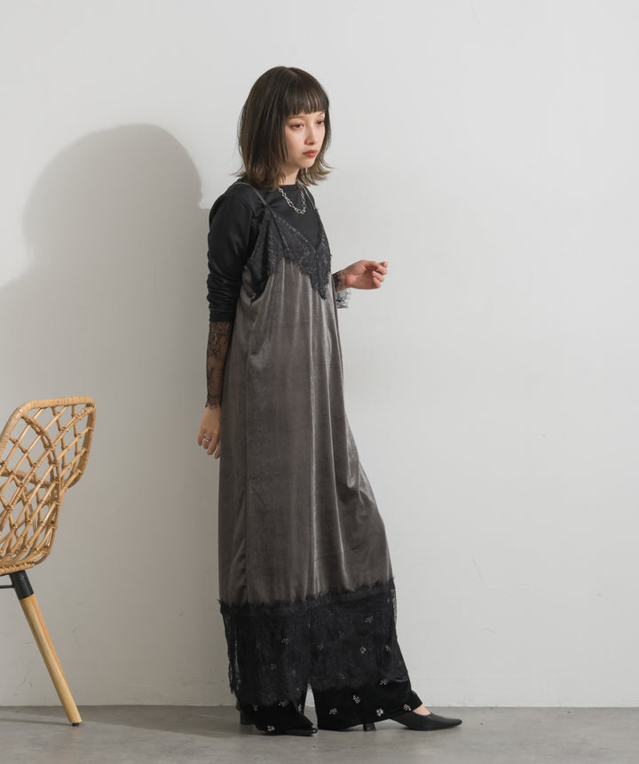 【SET】ベロアレースキャミワンピース+ベロア刺繍リラックスパンツ(2set)
