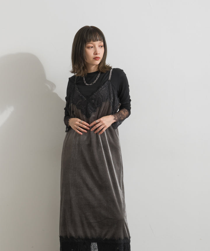 【SET】ベロアレースキャミワンピース+ベロア刺繍リラックスパンツ(2set)