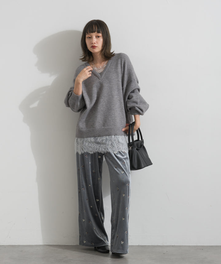 【SET】アルパカタッチVネックレースプルオーバー+ベロア刺繍リラックスパンツ(2set)