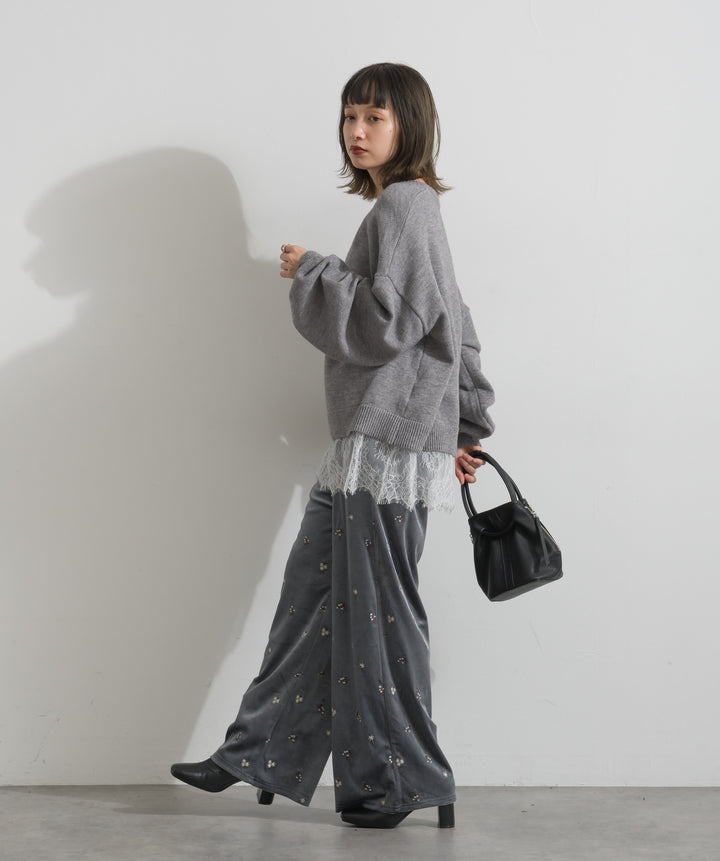 【SET】アルパカタッチVネックレースプルオーバー+ベロア刺繍リラックスパンツ(2set)