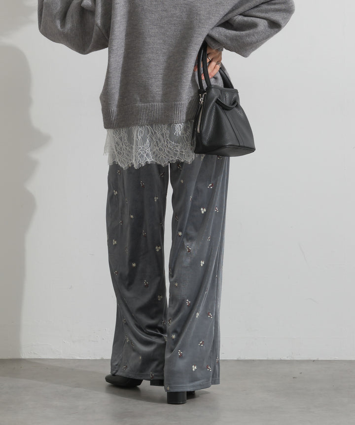 【SET】アルパカタッチVネックレースプルオーバー+ベロア刺繍リラックスパンツ(2set)