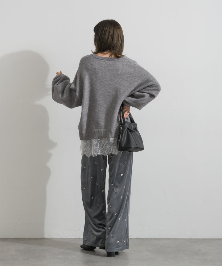 【SET】アルパカタッチVネックレースプルオーバー+ベロア刺繍リラックスパンツ(2set)