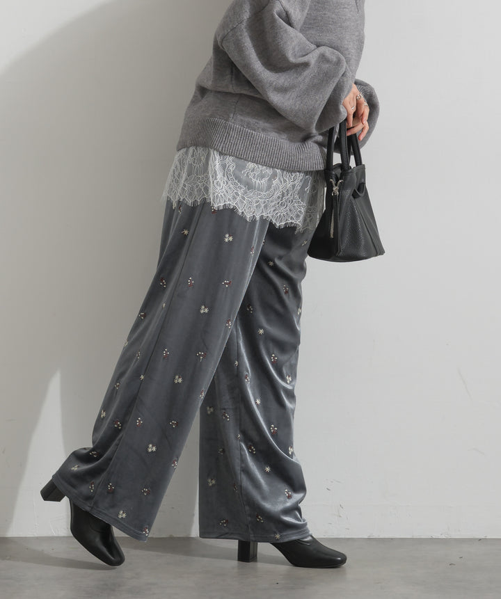 【SET】アルパカタッチVネックレースプルオーバー+ベロア刺繍リラックスパンツ(2set)