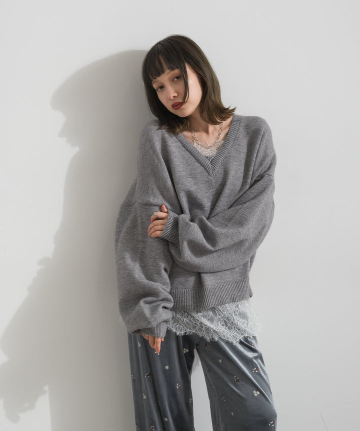 【SET】アルパカタッチVネックレースプルオーバー+ベロア刺繍リラックスパンツ(2set)