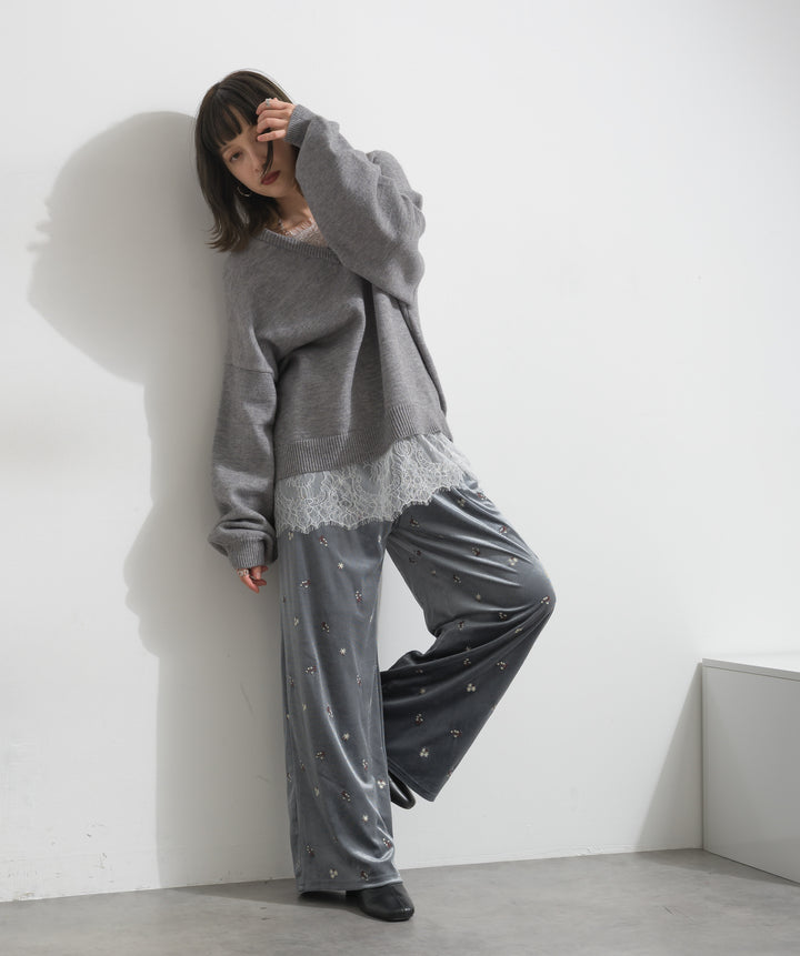 【SET】アルパカタッチVネックレースプルオーバー+ベロア刺繍リラックスパンツ(2set)