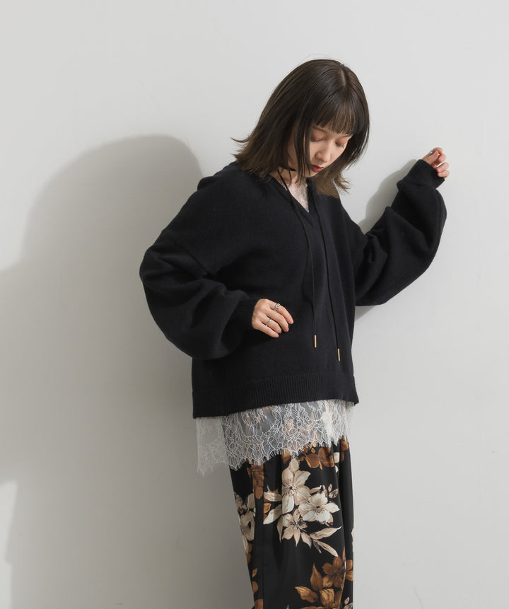 【SET】アルパカタッチVネックレースプルオーバー+フラワープリントタックワイドパンツ(2set)