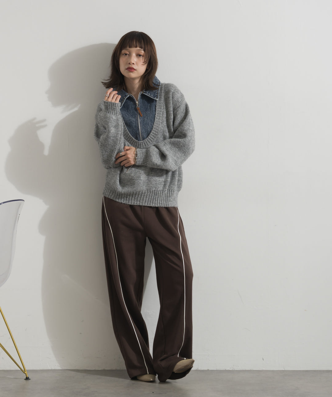 デニムレイヤードハーフジップニット