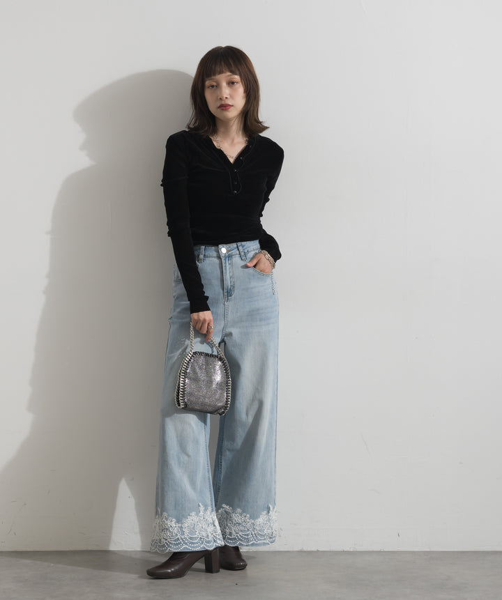 レースヘムワイドデニムパンツ