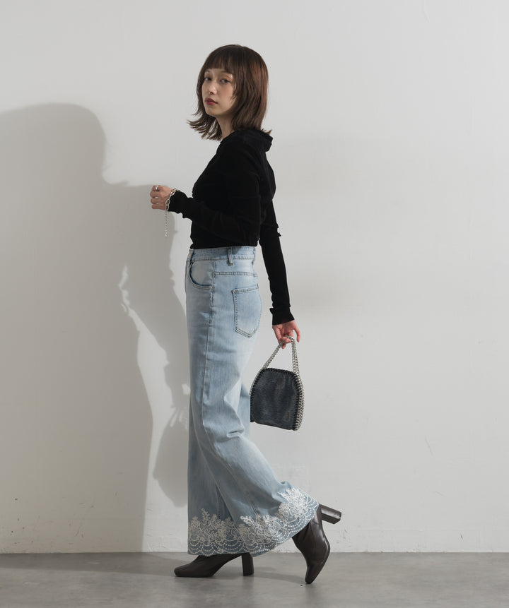 レースヘムワイドデニムパンツ