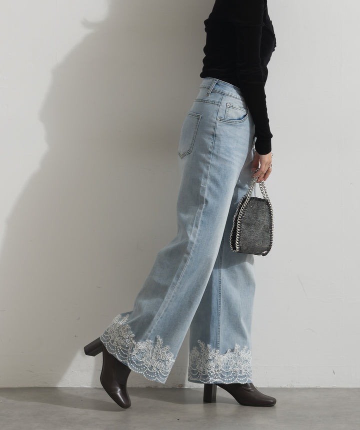 レースヘムワイドデニムパンツ