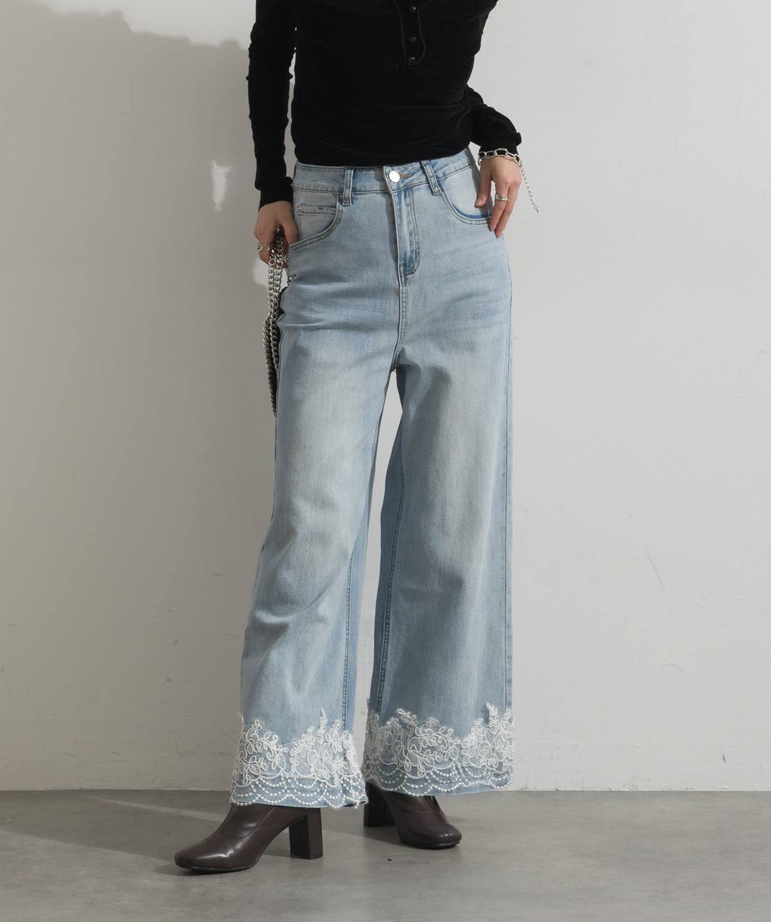 レースヘムワイドデニムパンツ